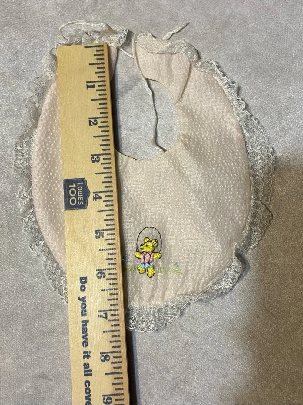 Vintage Baby Swiss Dot Embroidered Bear Jumprope Lace Edge Bib